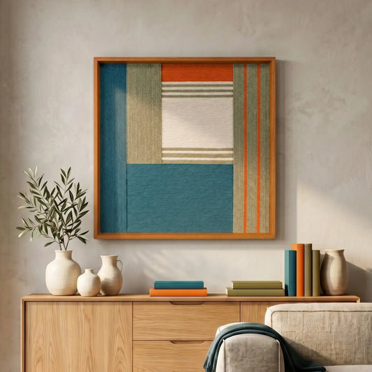 Sophisticated hand-woven wool tapestry styled in a luxury bathroom above a floating wood vanity with a circular backlit mirror.