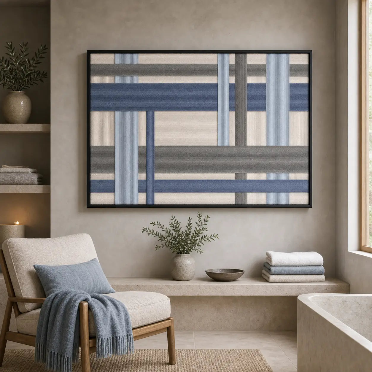 Framed hand-woven wool tapestry styled in a cozy lounge nook positioned above a built-in shelf next to an armchair.