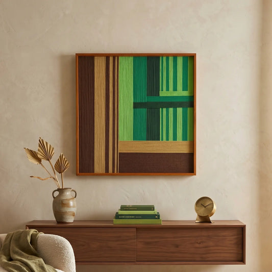 Square hand-woven wool wall art featuring a bold geometric pattern in forest green, lime, and earthy brown tones, styled above a floating walnut sideboard with organic decor.