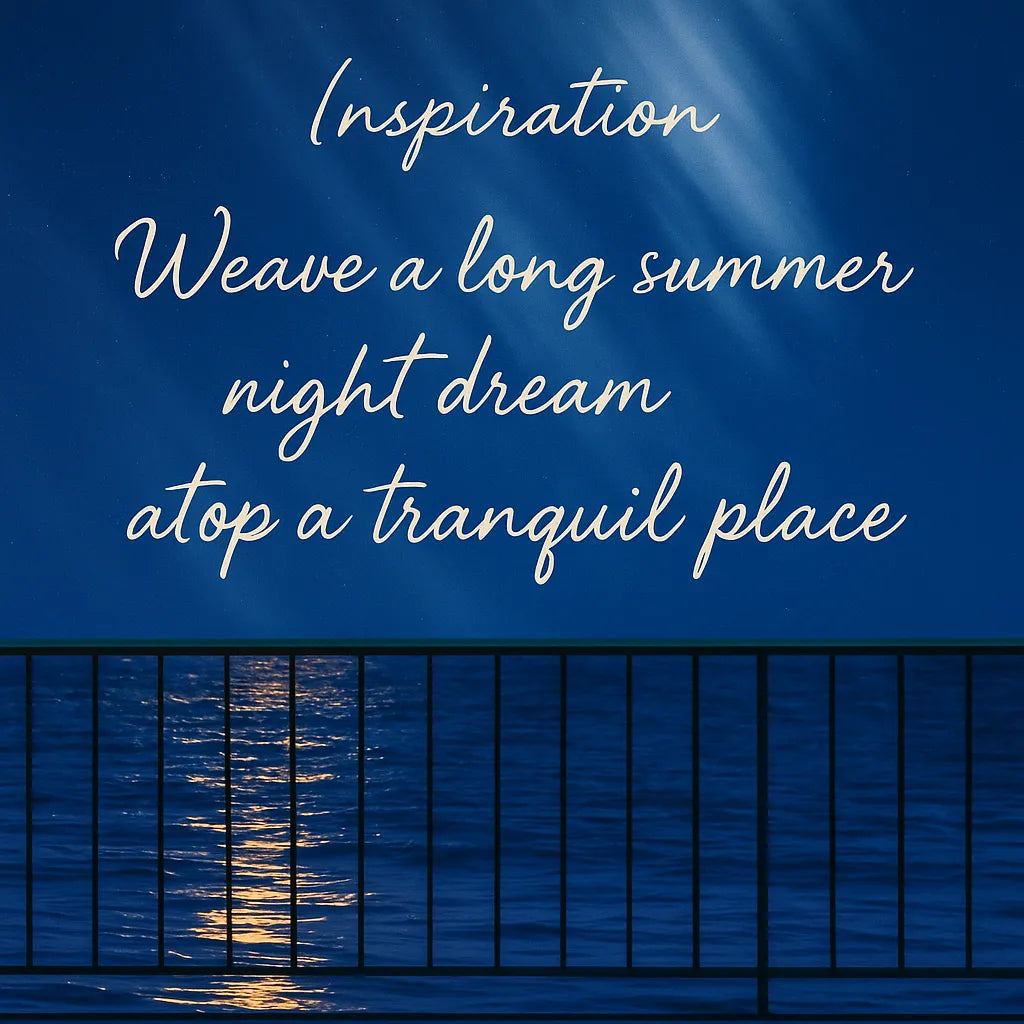 Inspiration graphic for Summer Night’s Serenity featuring a moonlit lake motif and poetic quote to evoke the artwork’s tranquil evening theme