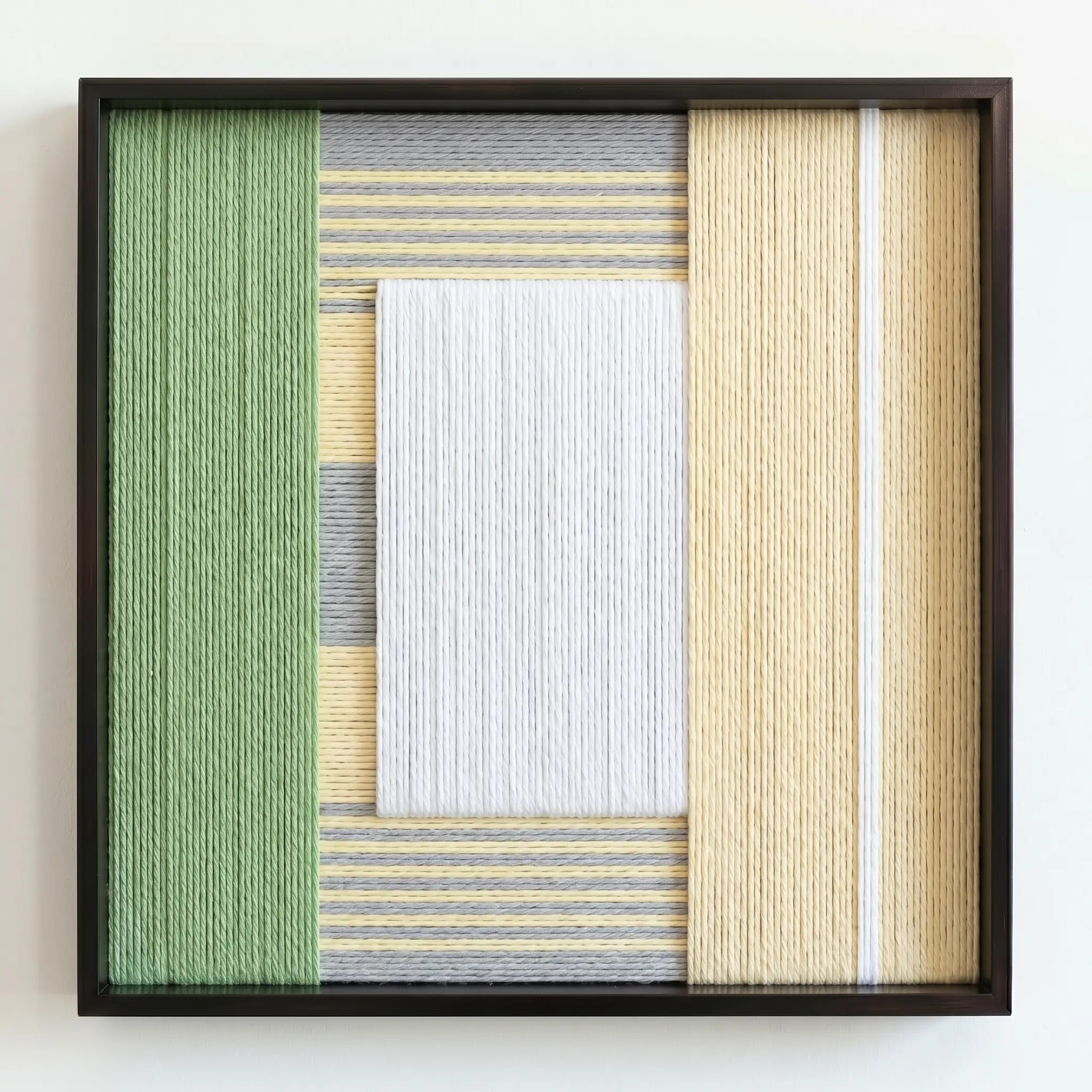 Frontal studio shot of the main Sun-Baked hand-woven wool wall art in a square black frame against a clean white background.