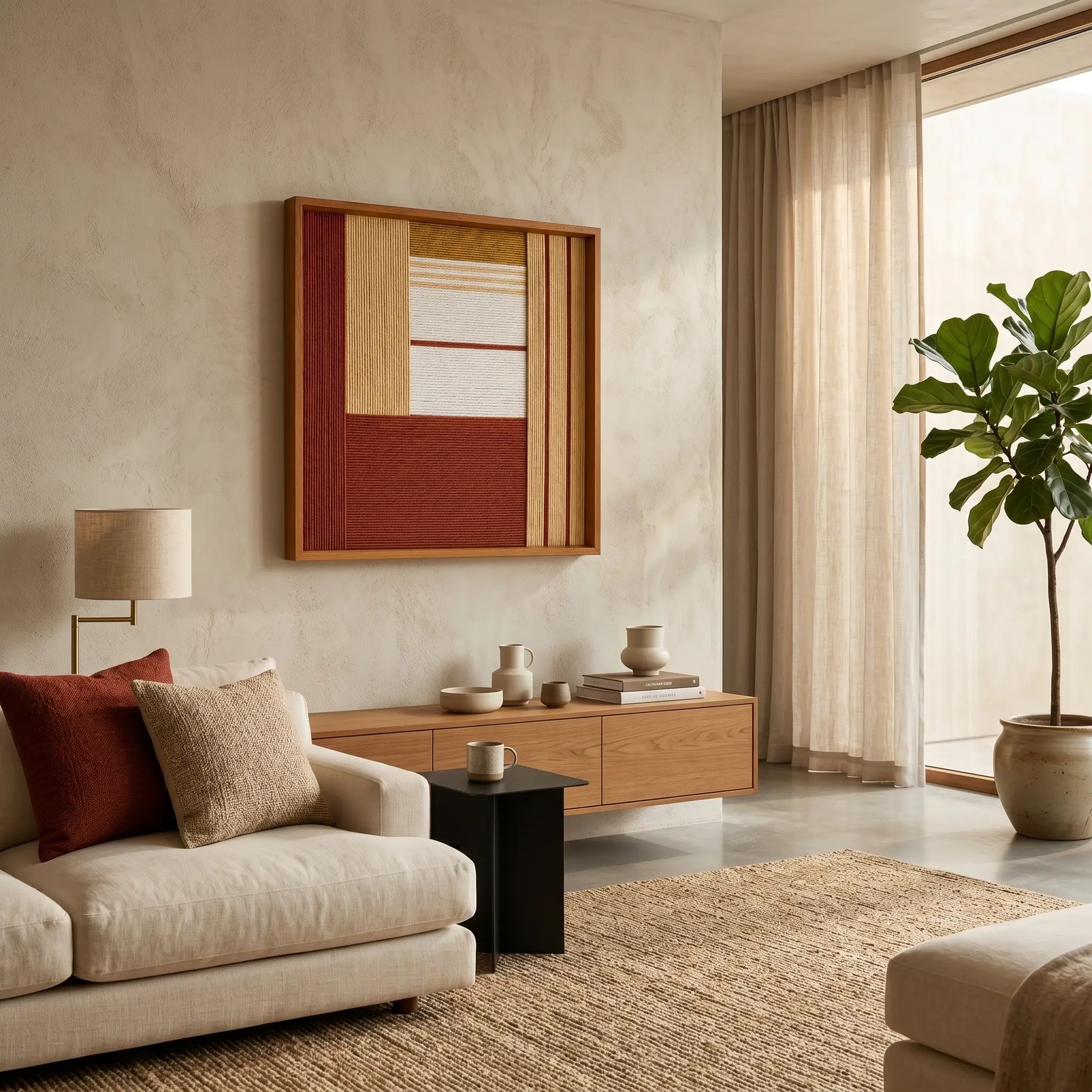 Perspective view of the framed wool wall art hanging in a bright contemporary lounge area above a modern low sideboard and cream sofa.