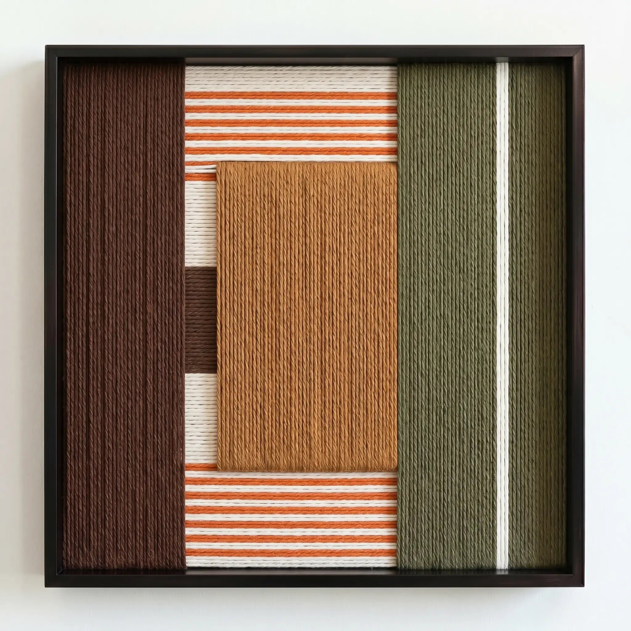 Professional studio shot of the Sylvan Glow hand-woven wool wall art in a square black frame against a clean white background.