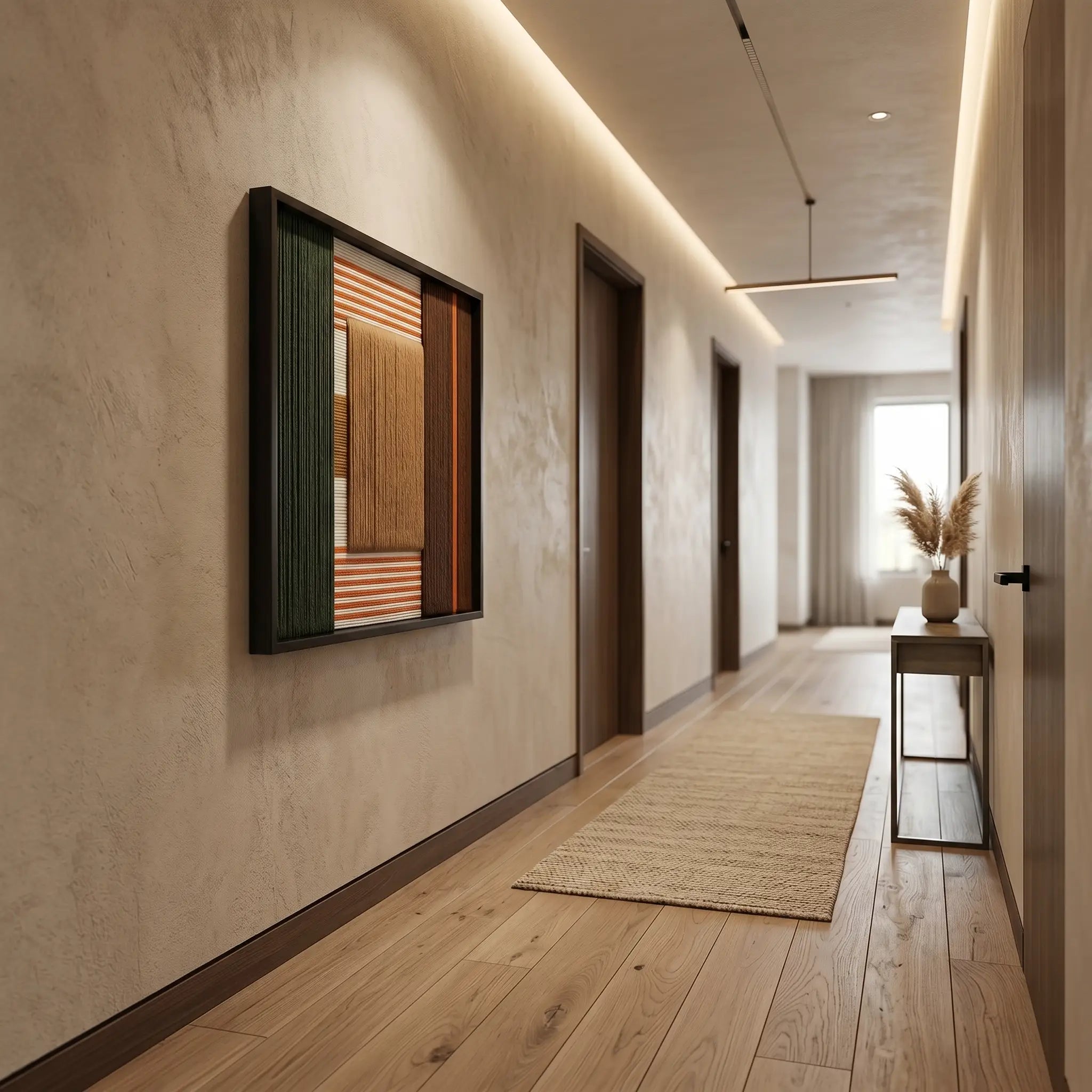 Perspective view of the Sylvan Glow fiber art hanging in a modern long hallway with warm recessed lighting and wood floors.