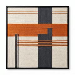 Frontal studio shot of the Terracotta Dusk hand-woven wool wall art featuring geometric rust orange, charcoal, and cream patterns in a black frame against a clean white background.