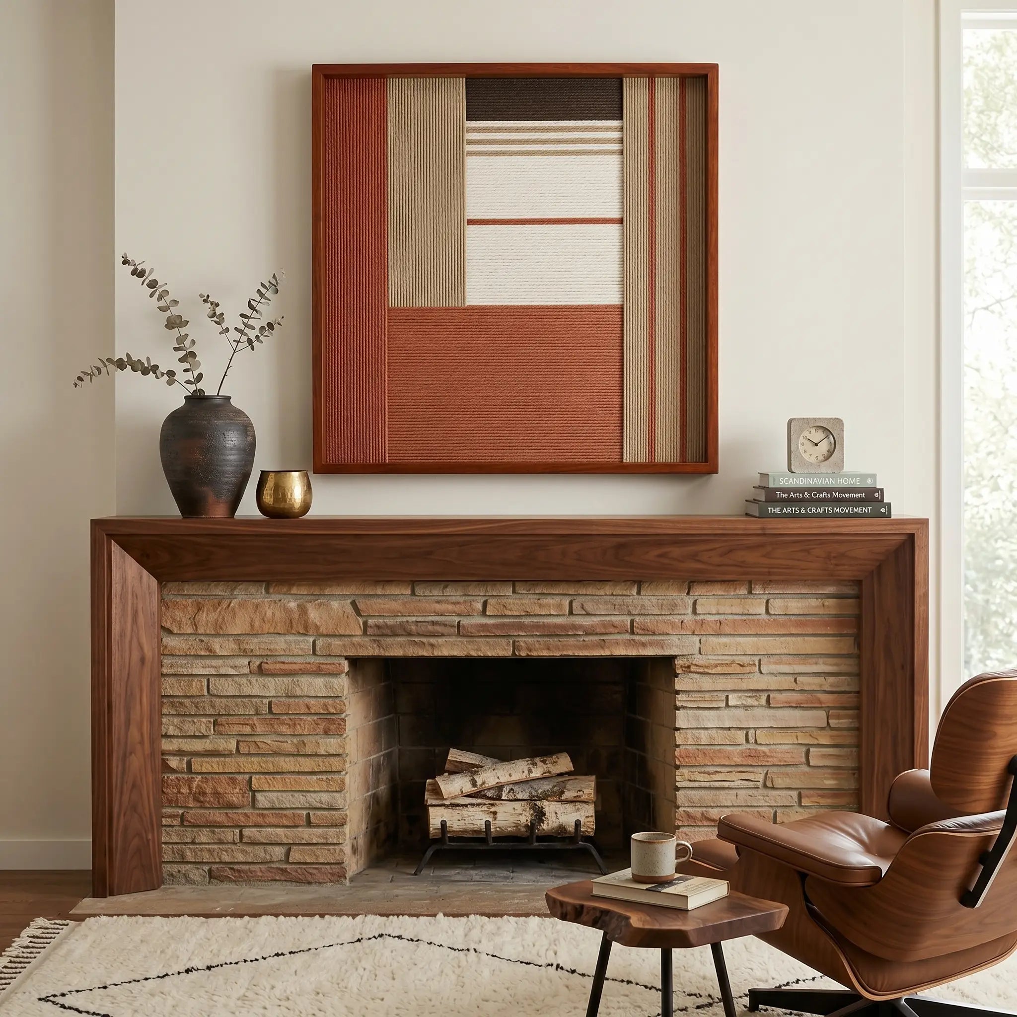 Beautiful framed hand-woven textile wall art styled elegantly above a rustic stone and wood fireplace mantel in a cozy living room with a leather chair.
