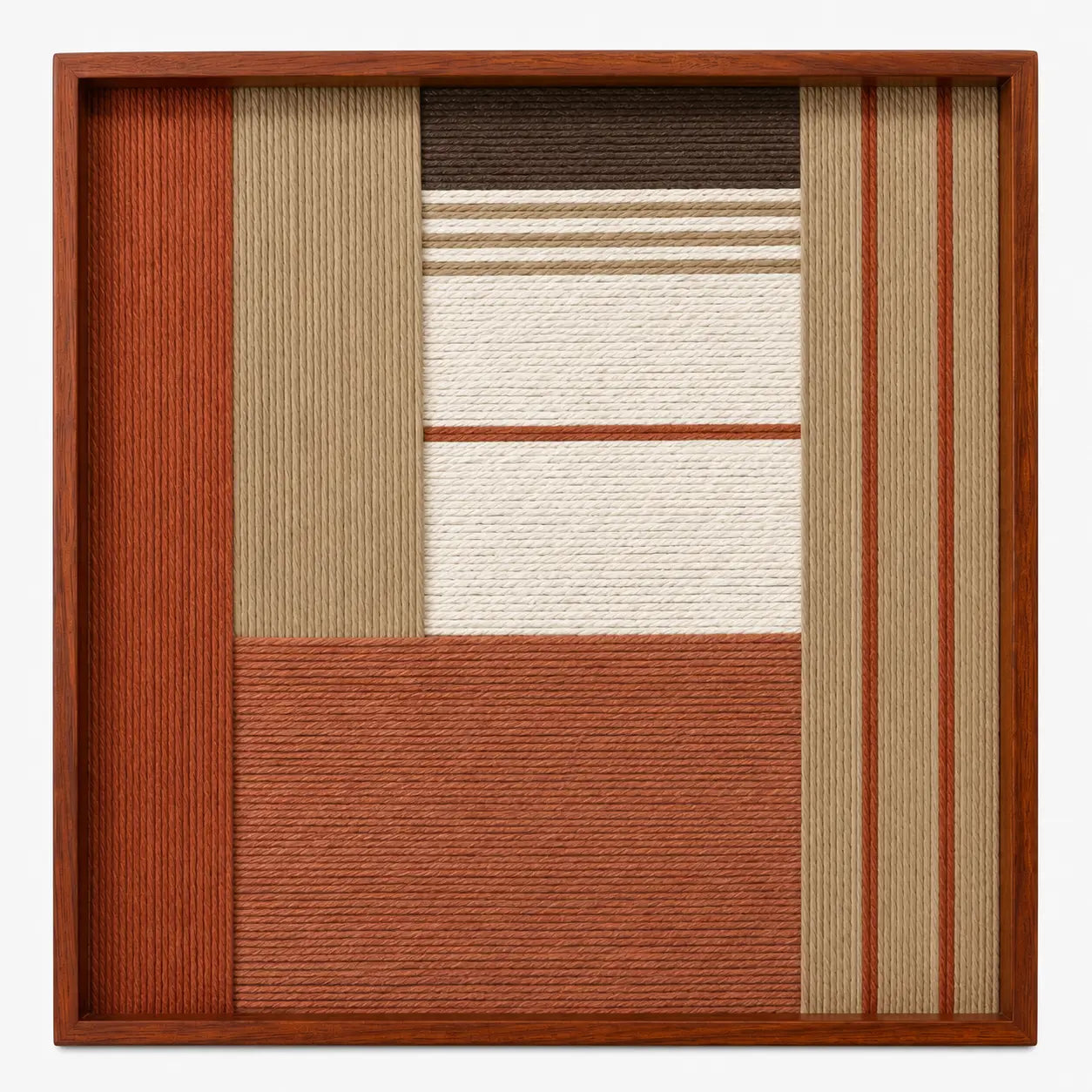 Frontal studio shot of the Terracotta Haven square hand-woven textile wall art featuring terracotta, beige, and cream geometric blocks in a warm wooden frame.