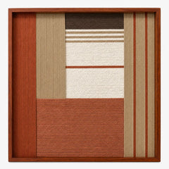 Frontal studio shot of the Terracotta Haven square hand-woven textile wall art featuring terracotta, beige, and cream geometric blocks in a warm wooden frame.
