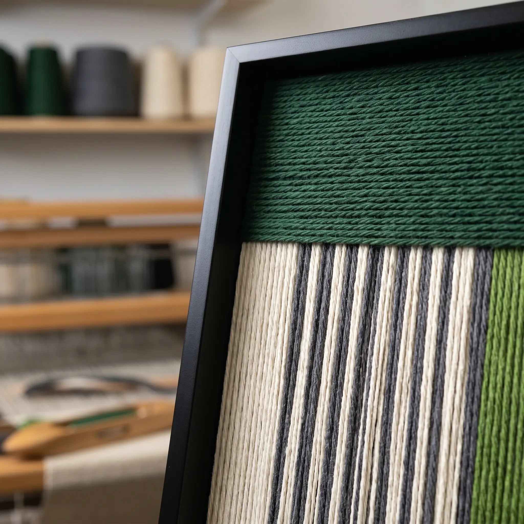 Close-up shot of the top corner of the framed fiber art showing the horizontal and vertical hand-woven wool textile patterns.