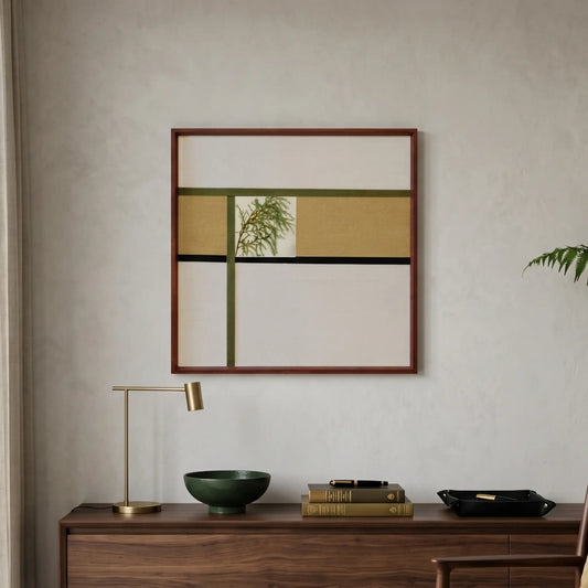 Hand-woven wool wall art featuring a geometric grid and mirror inlay hanging above a dark wood sideboard with a gold lamp.