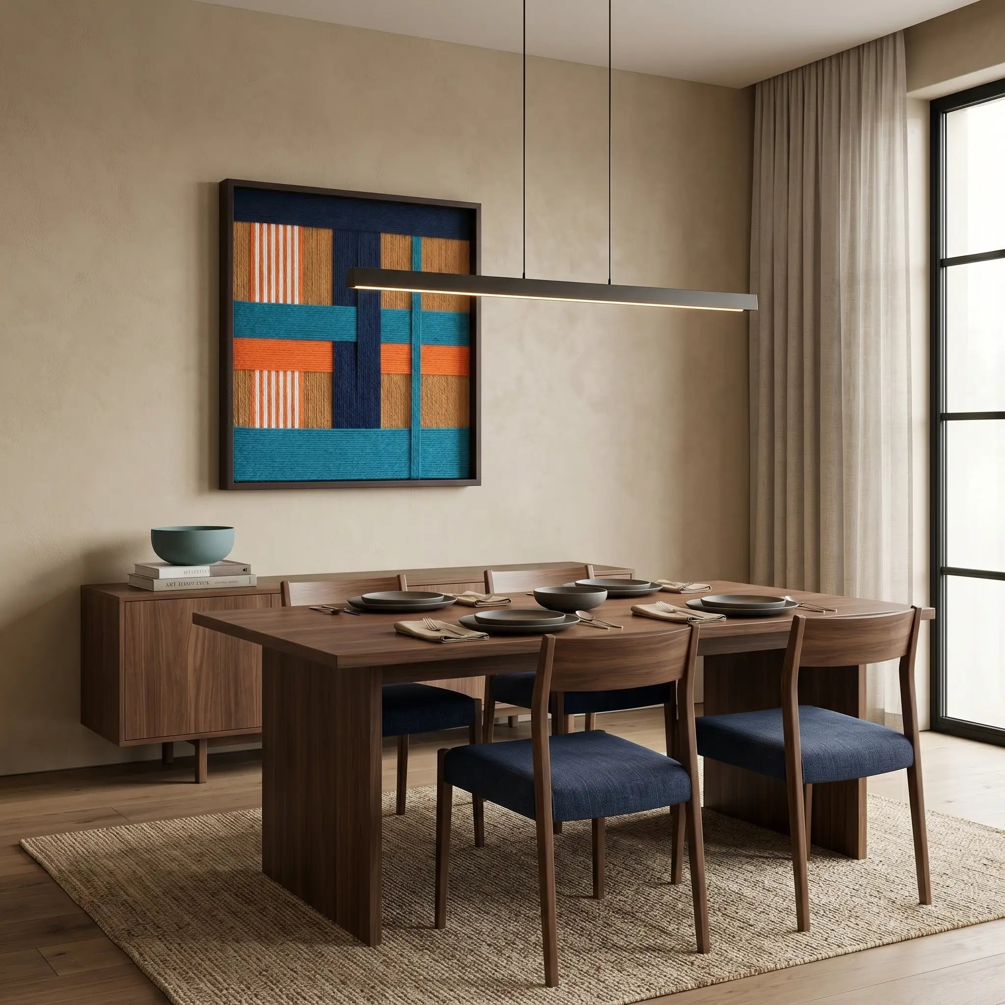Modern teal and orange wool tapestry styled in a contemporary dining room with a long wooden table and navy upholstered chairs.