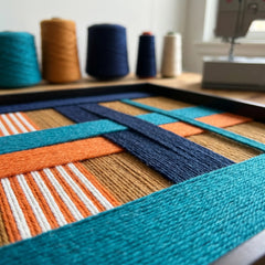 Low-angle perspective of the tropical glow fiber art in a studio with spools of colorful yarn, highlighting the intricate hand-woven texture.