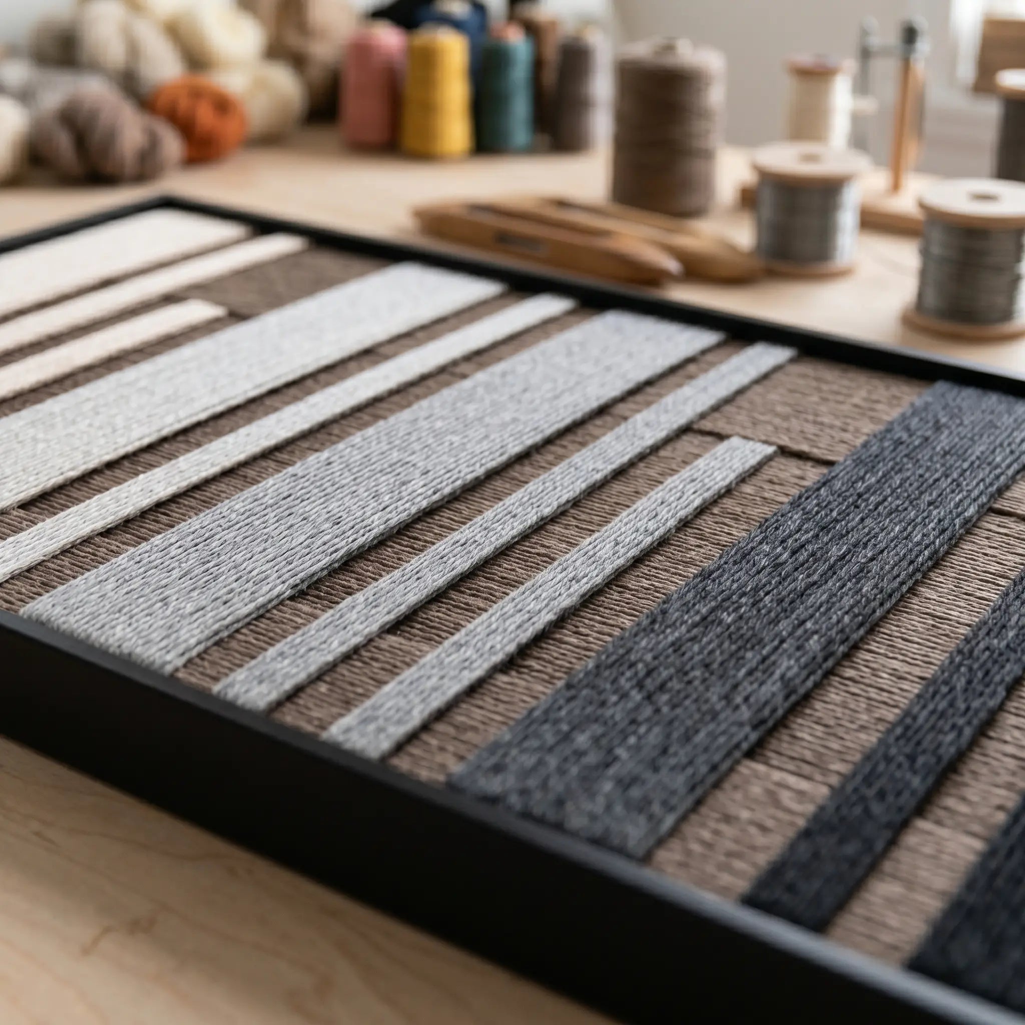 Angled close-up shot of the Umber Columns textile art lying flat, showcasing the raised dimensional hand-woven wool texture with yarn spools in the background.