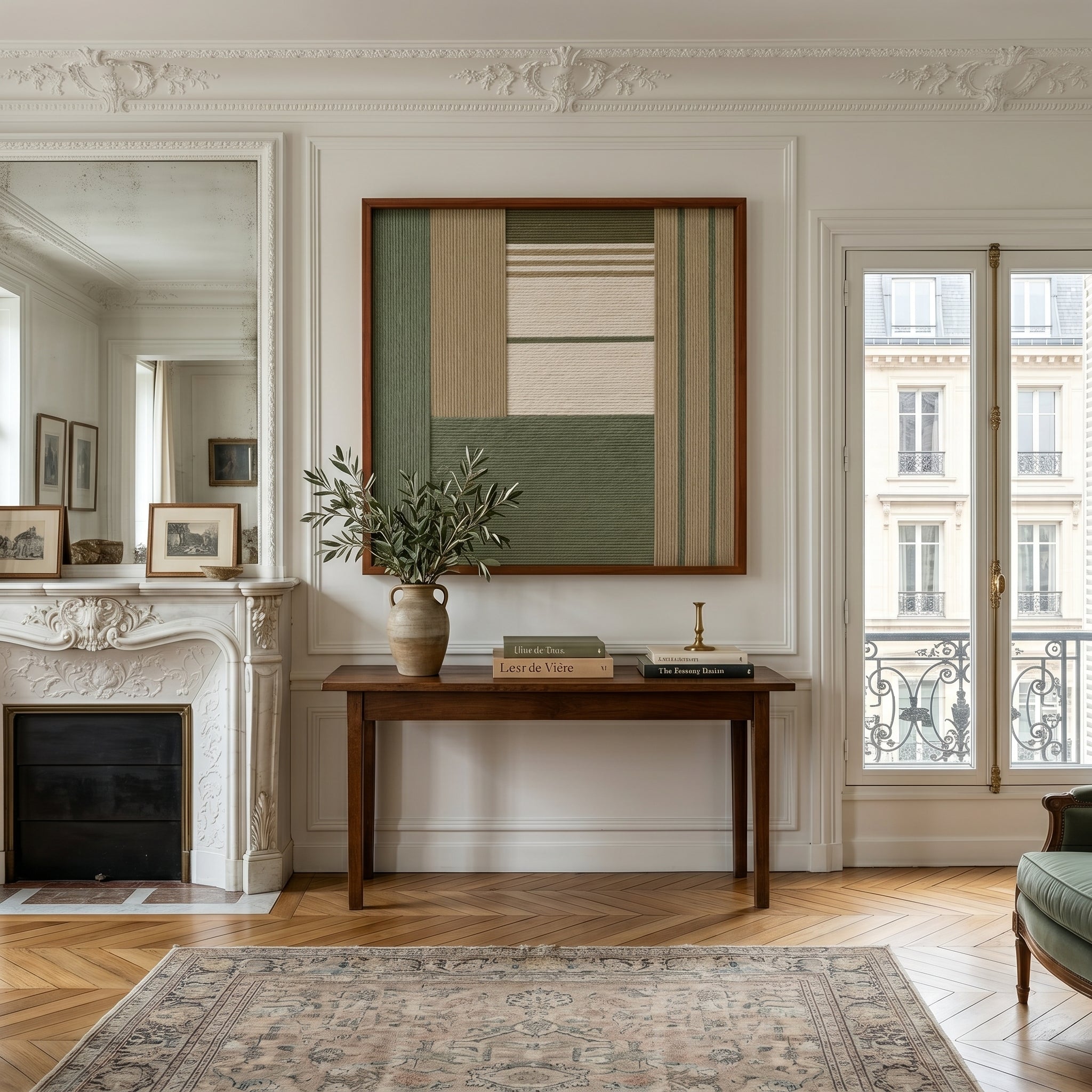 Beautiful framed hand-woven textile wall art styled elegantly above a dark wood console table in a bright, classic room with large windows and a fireplace.