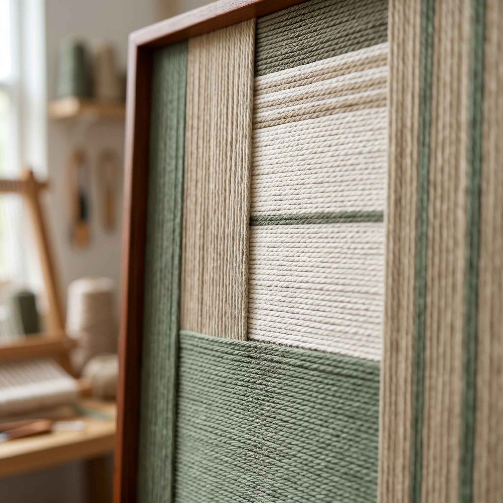 Detailed angled macro close-up of the Verdant Alcove hand-woven textile art highlighting the textured sage green, beige, and cream yarn blocks with studio tools in the soft-focus background.