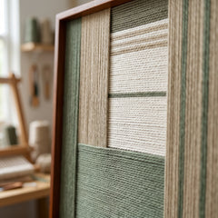 Detailed angled macro close-up of the Verdant Alcove hand-woven textile art highlighting the textured sage green, beige, and cream yarn blocks with studio tools in the soft-focus background.