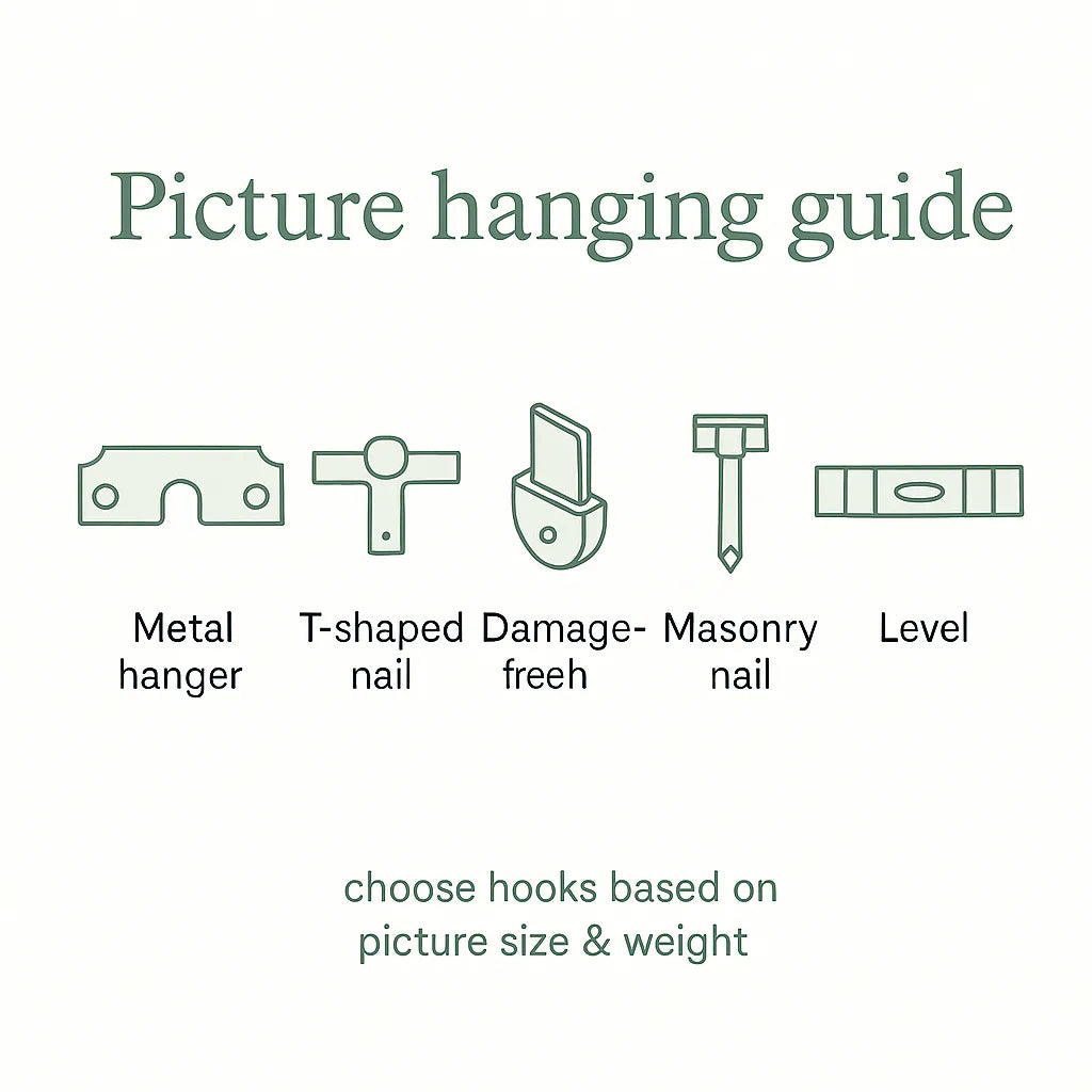 A helpful instructional graphic titled "Picture hanging guide" showing various hooks and installation methods for hanging framed wall art.