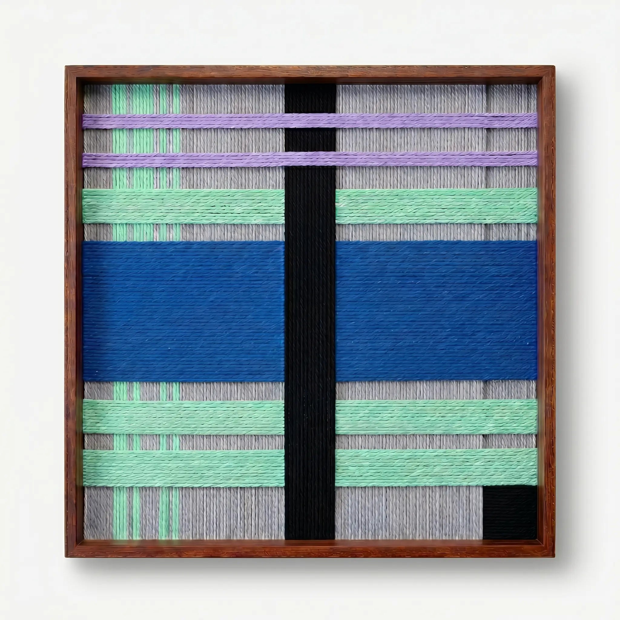 Frontal studio shot of the Winter Aurora hand-woven wool wall art featuring cobalt blue, mint green, and lavender patterns in a wooden frame against a clean white background.