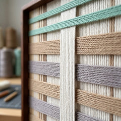 Detailed close-up of the Sleeping Flora tapestry showcasing the structural layering of pastel mint, taupe, and cream hand-wrapped wool yarn next to the wooden frame.