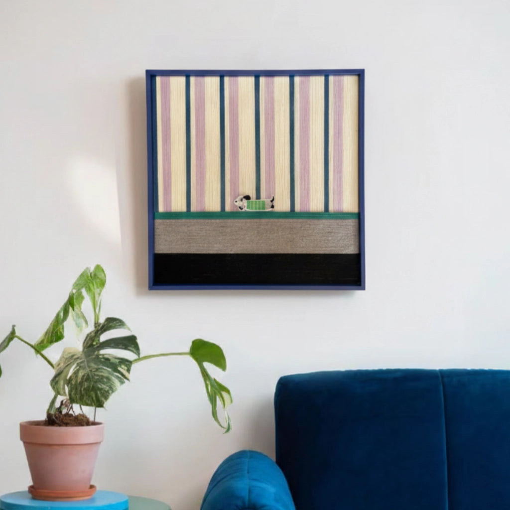 "Cerulean Stripe Pup Frolic" — Textured Fiber Wall Art
