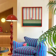 "Scarlet Stripe Pup Saunter" — Textured Fiber Wall Art