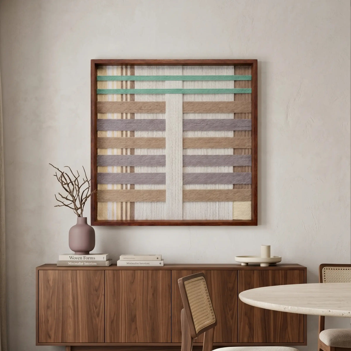 Large square Sleeping Flora fiber wall art featuring pastel mint, lavender, and taupe hand-woven patterns hanging above a dark wood sideboard in a serene living space.