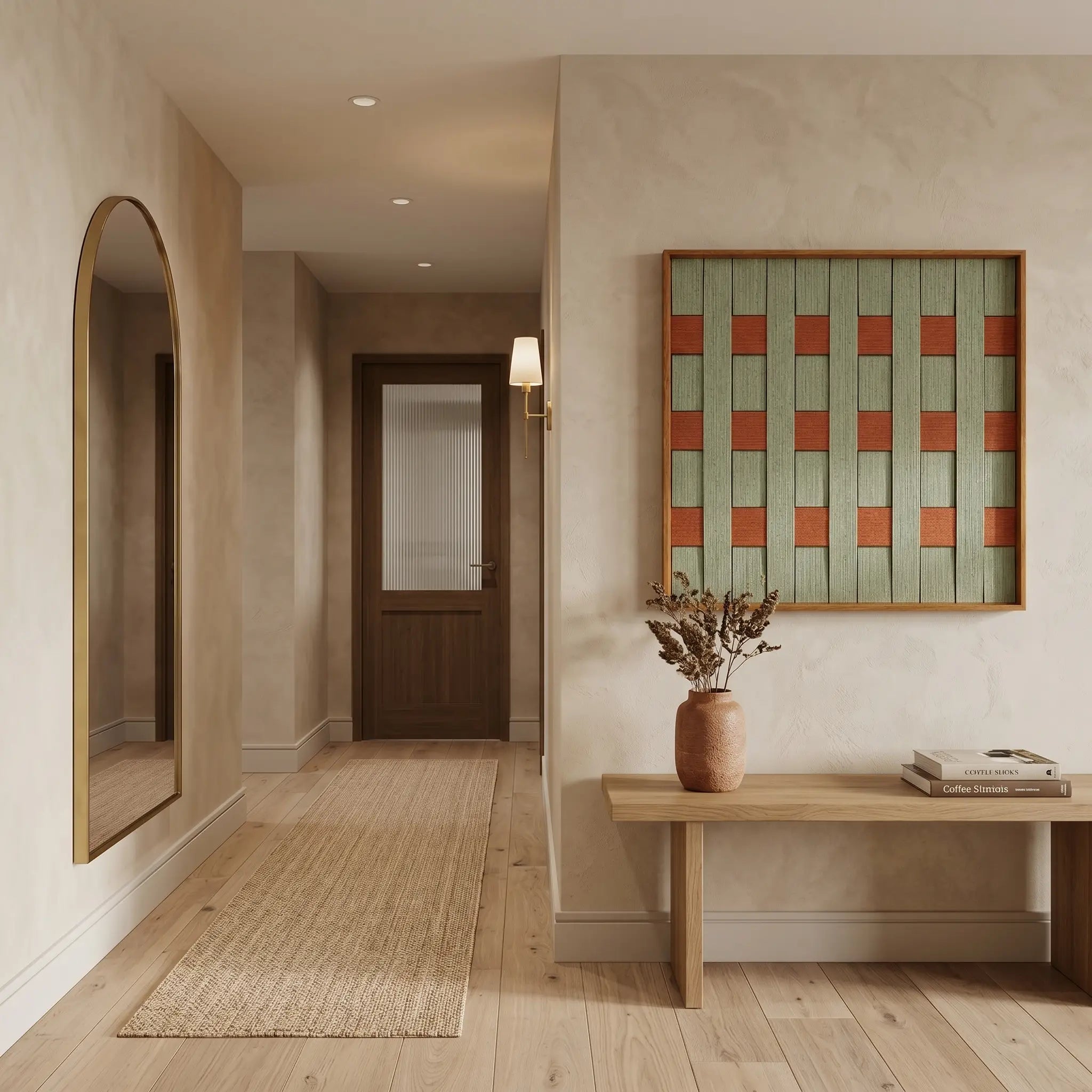 Square woven wool tapestry styled in a minimalist entryway above a simple wooden console table.
