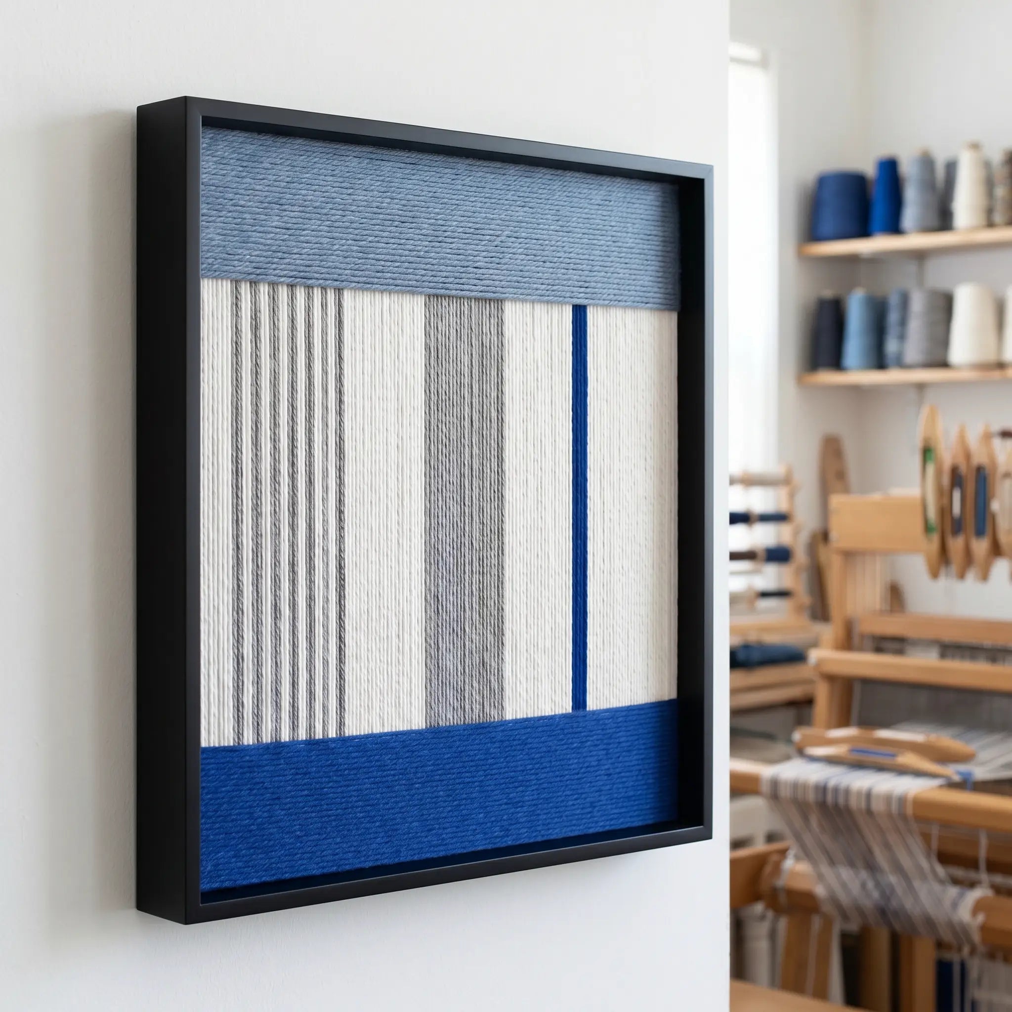 Side profile of the framed wool wall art in a workshop setting, showcasing the depth and dimensional layered winding technique.