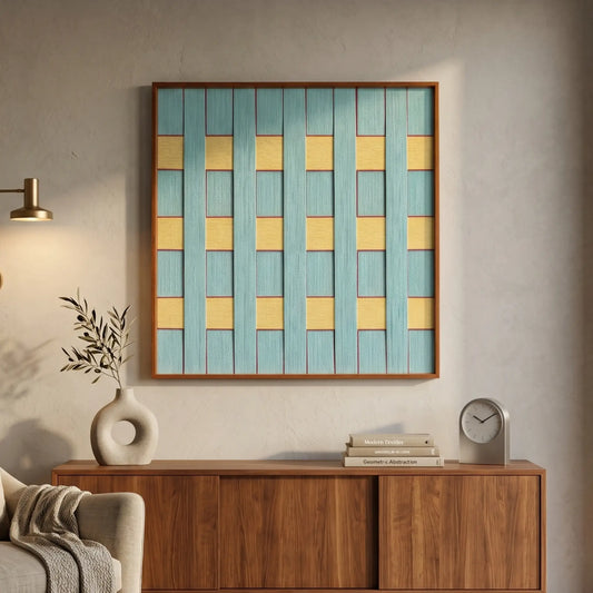 Large square Afternoon Window textile wall art featuring a woven light blue and yellow checkerboard pattern, hanging above a mid-century modern wooden sideboard.