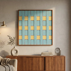 Large square Afternoon Window textile wall art featuring a woven light blue and yellow checkerboard pattern, hanging above a mid-century modern wooden sideboard.