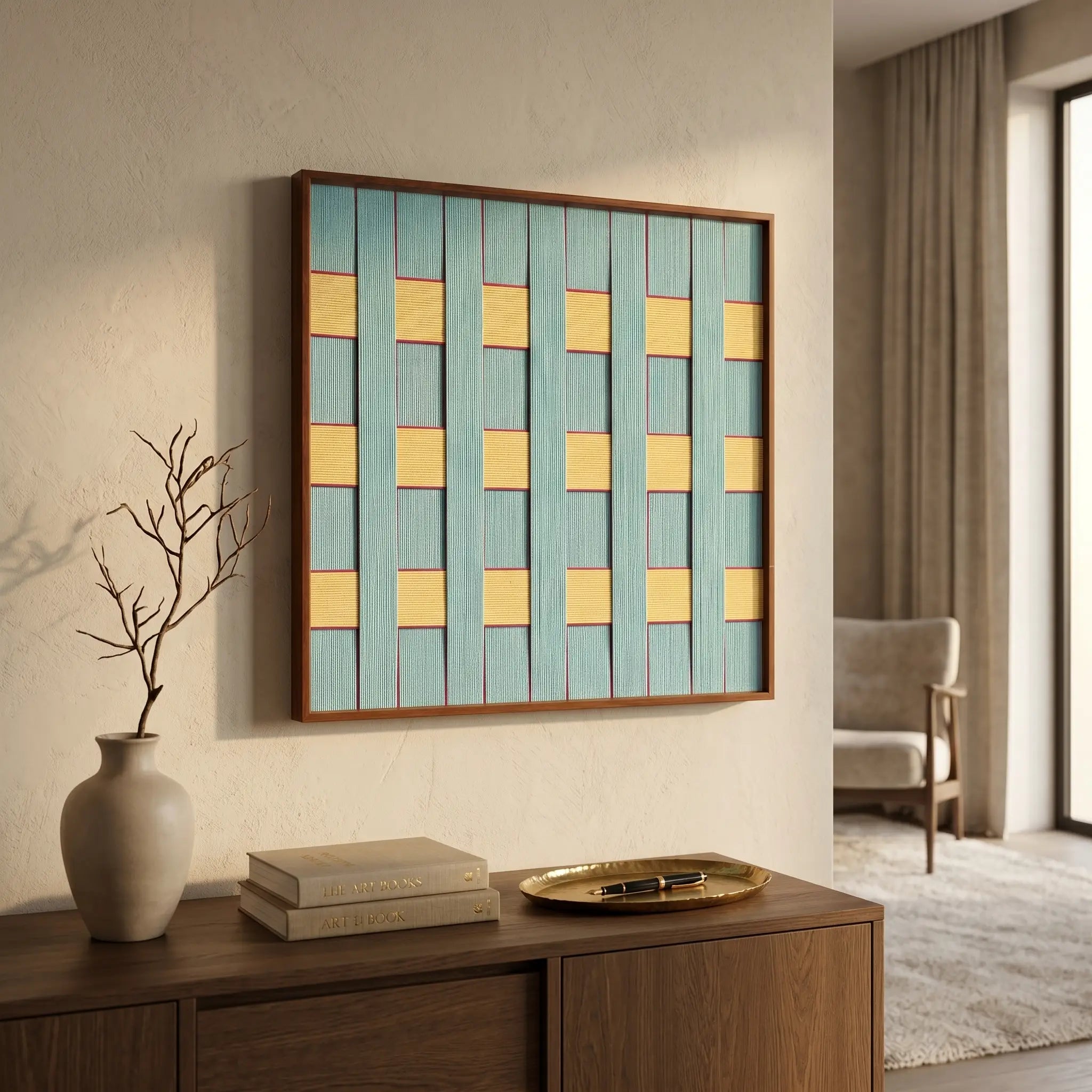 Angled perspective of the light blue and yellow woven wall art styled in a sunlit living room above a dark wood credenza.