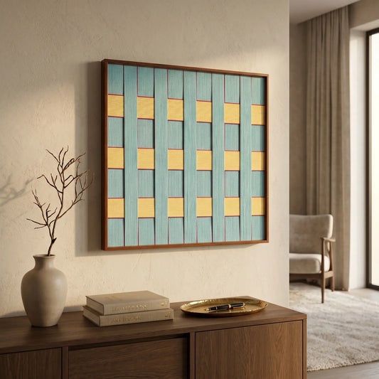 Angled perspective of the light blue and yellow woven wall art styled in a sunlit living room above a dark wood credenza.