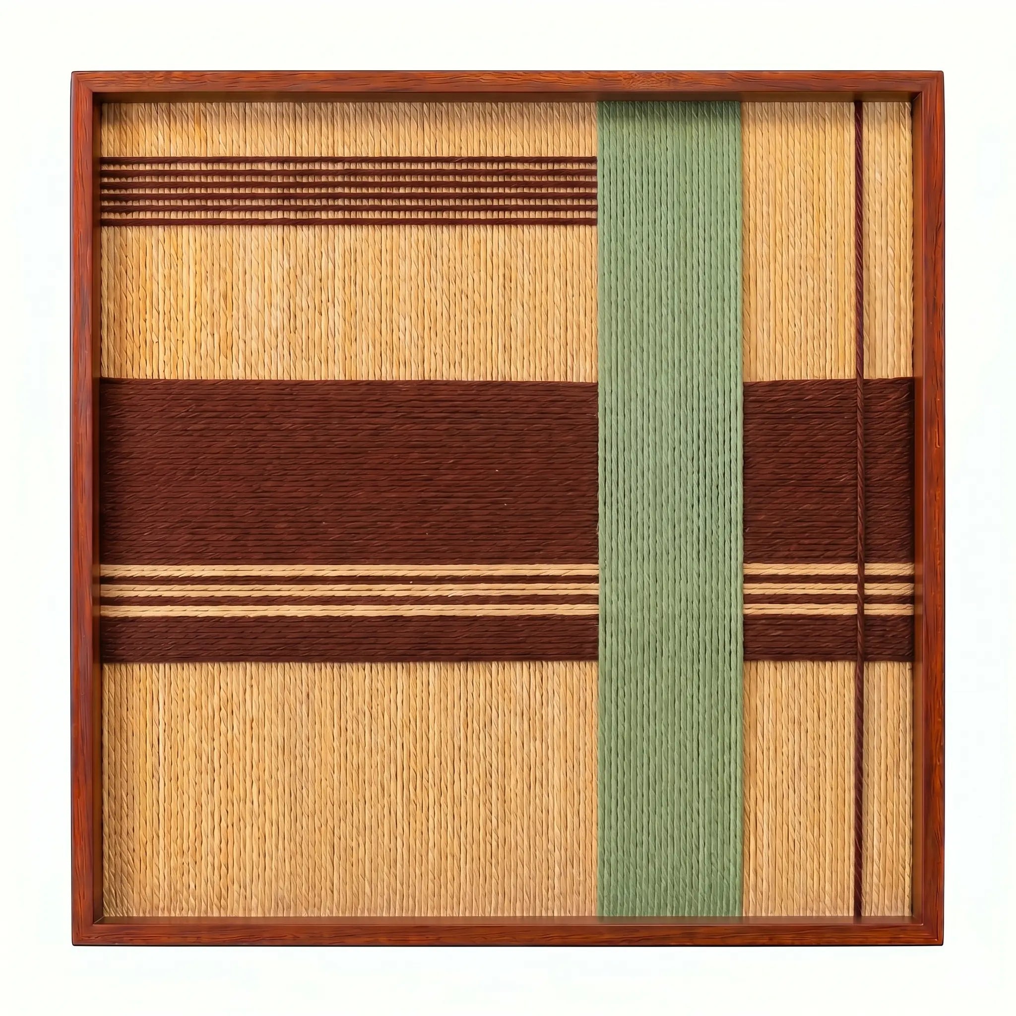 Frontal studio shot of the Amber Pine hand-woven textile wall art featuring tan and brown horizontal stripes with a vertical green stripe in a wooden frame against a clean white background.