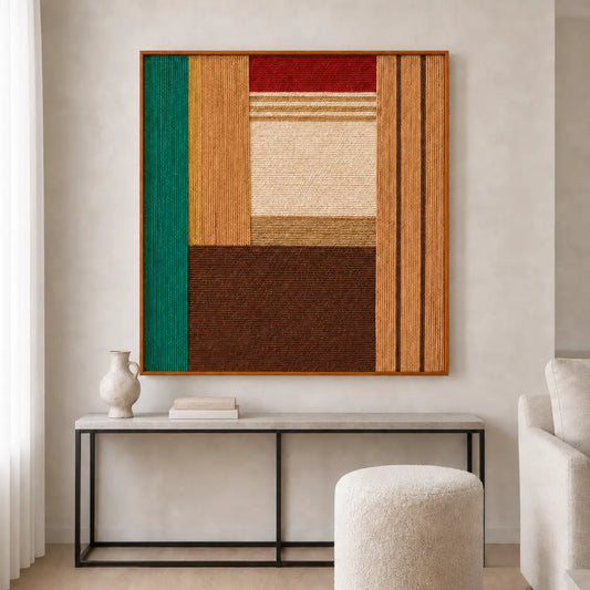 Contemporary living room styling featuring the square hand-woven wool wall art hanging above a minimalist console table and boucle stool.