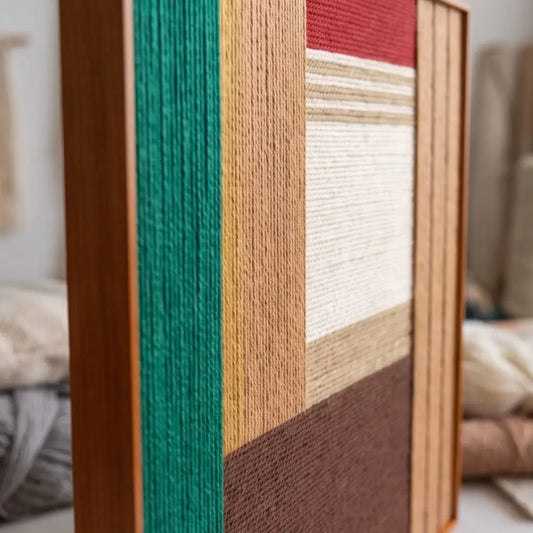 Close-up corner detail of the hand-woven wool tapestry highlighting textured green, brown, and tan vertical yarns in a sleek metal frame.