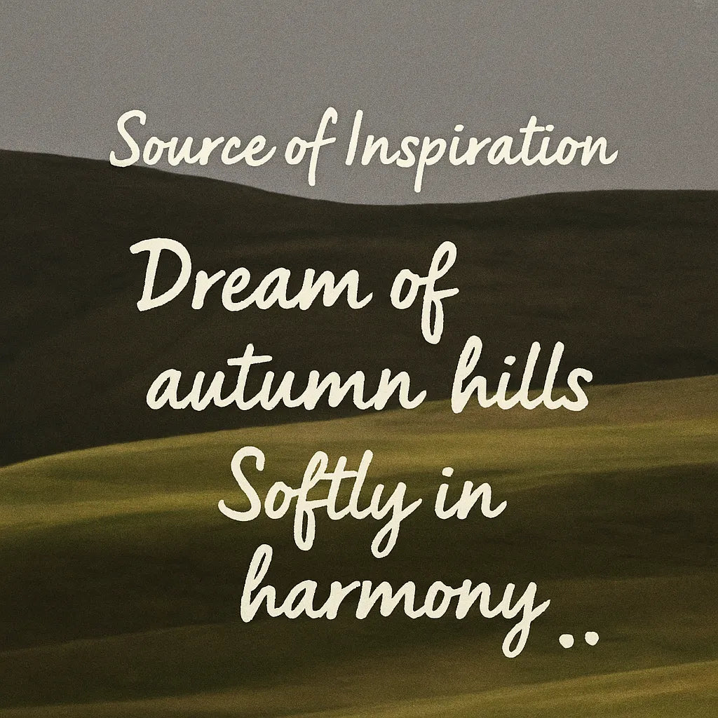 Inspiration graphic for Autumn Mountain featuring a misty hill landscape motif and the quote “Dream of autumn hills softly in harmony” to convey the design concept.
