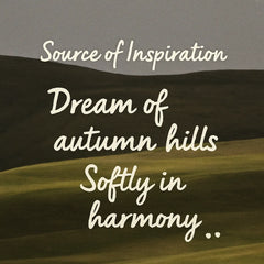 Inspiration graphic for Autumn Mountain featuring a misty hill landscape motif and the quote “Dream of autumn hills softly in harmony” to convey the design concept.
