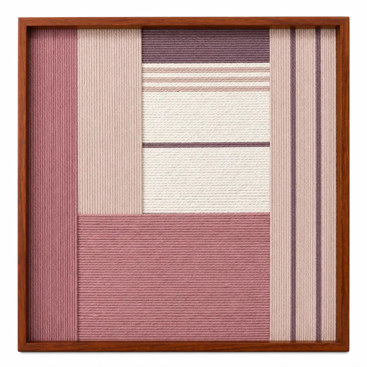 Frontal studio shot of the Ballet Whispers square hand-woven textile wall art featuring dusty pink, mauve, and cream geometric blocks in a warm wooden frame.