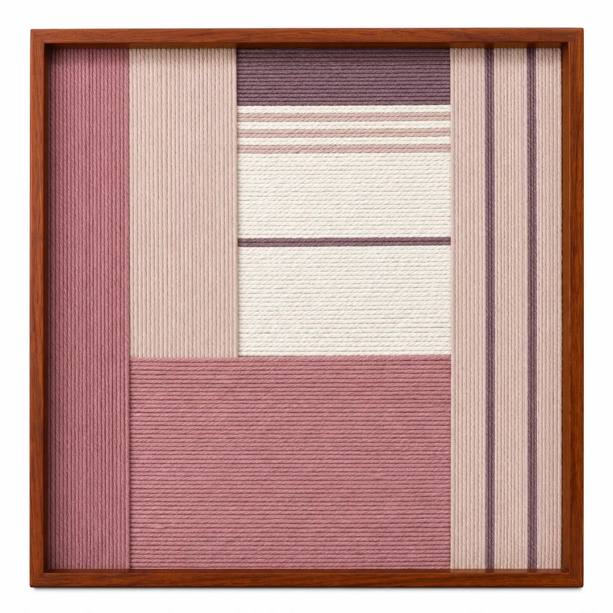 Frontal studio shot of the Ballet Whispers square hand-woven textile wall art featuring dusty pink, mauve, and cream geometric blocks in a warm wooden frame.