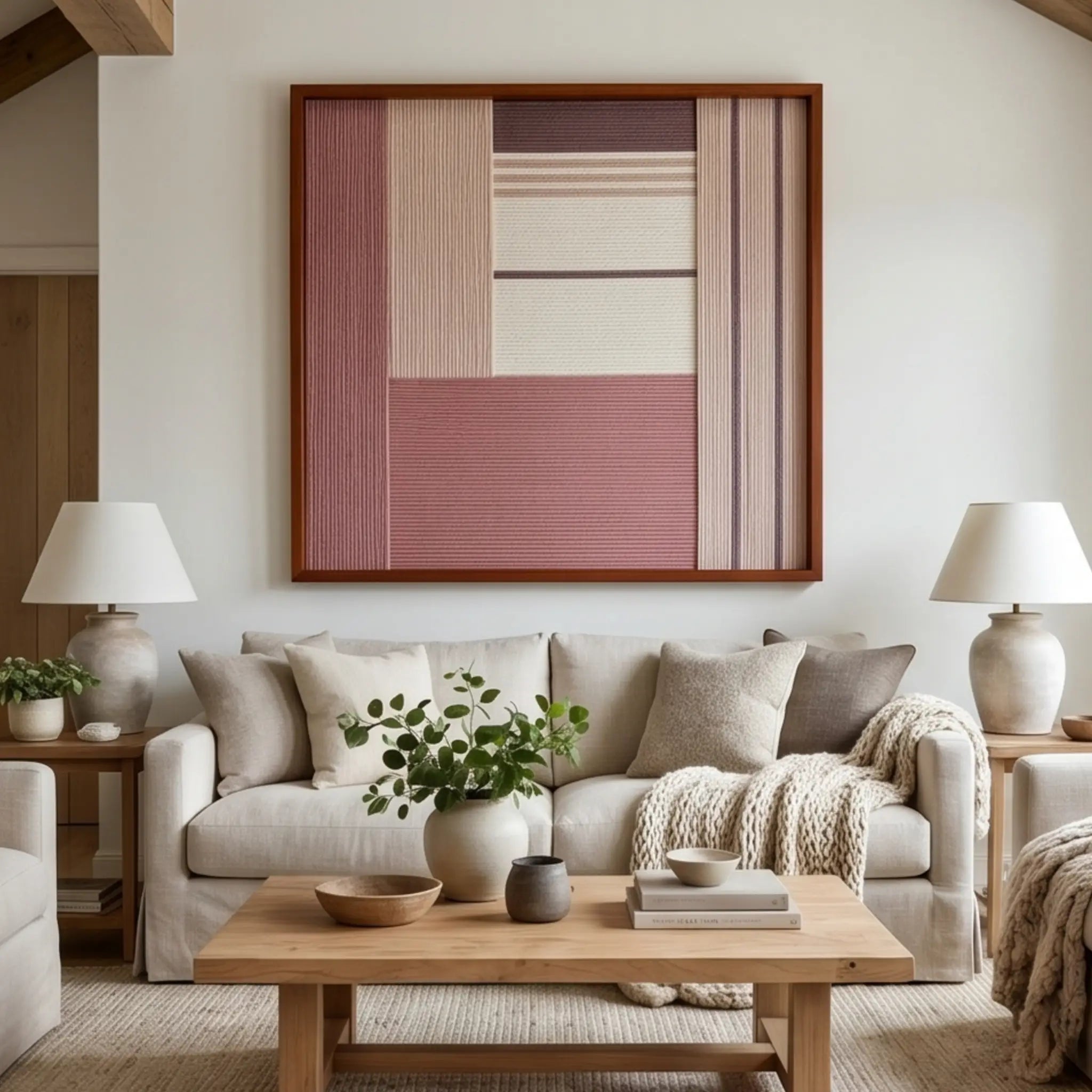 Beautiful framed hand-woven textile wall art styled elegantly in a bright living room, hanging above a comfortable beige sofa and matching light wood coffee table.