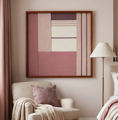 Large square Ballet Whispers hand-woven wall art hanging elegantly above a cozy cream armchair with a textured mauve pillow in a softly lit room corner.