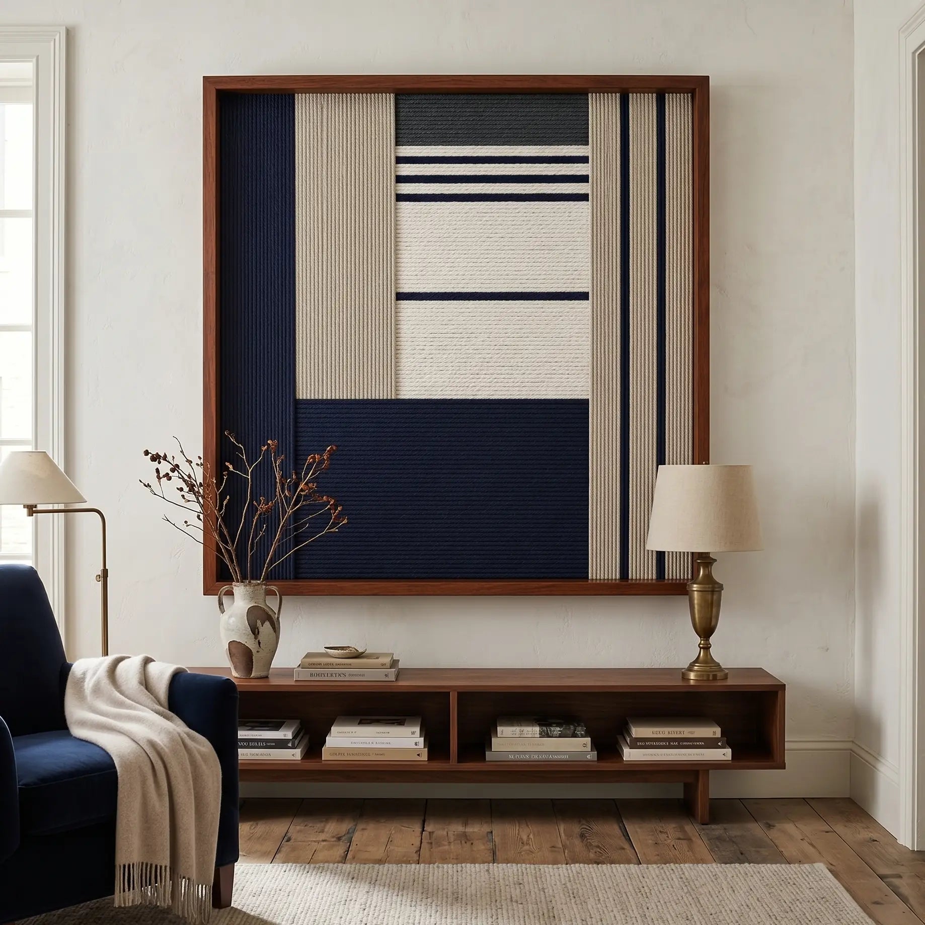 Striking square hand-woven wool tapestry positioned perfectly above a low wooden console table in a modern, serene living space with blue accents.