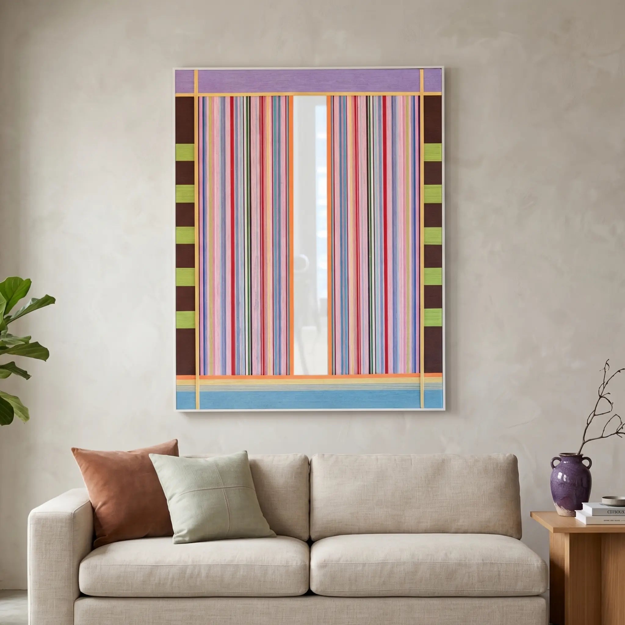 Large vertical hand-woven wool wall art featuring a vibrant striped pattern in pink, purple, and blue with a central mirror inlay, hanging above a contemporary beige sofa.