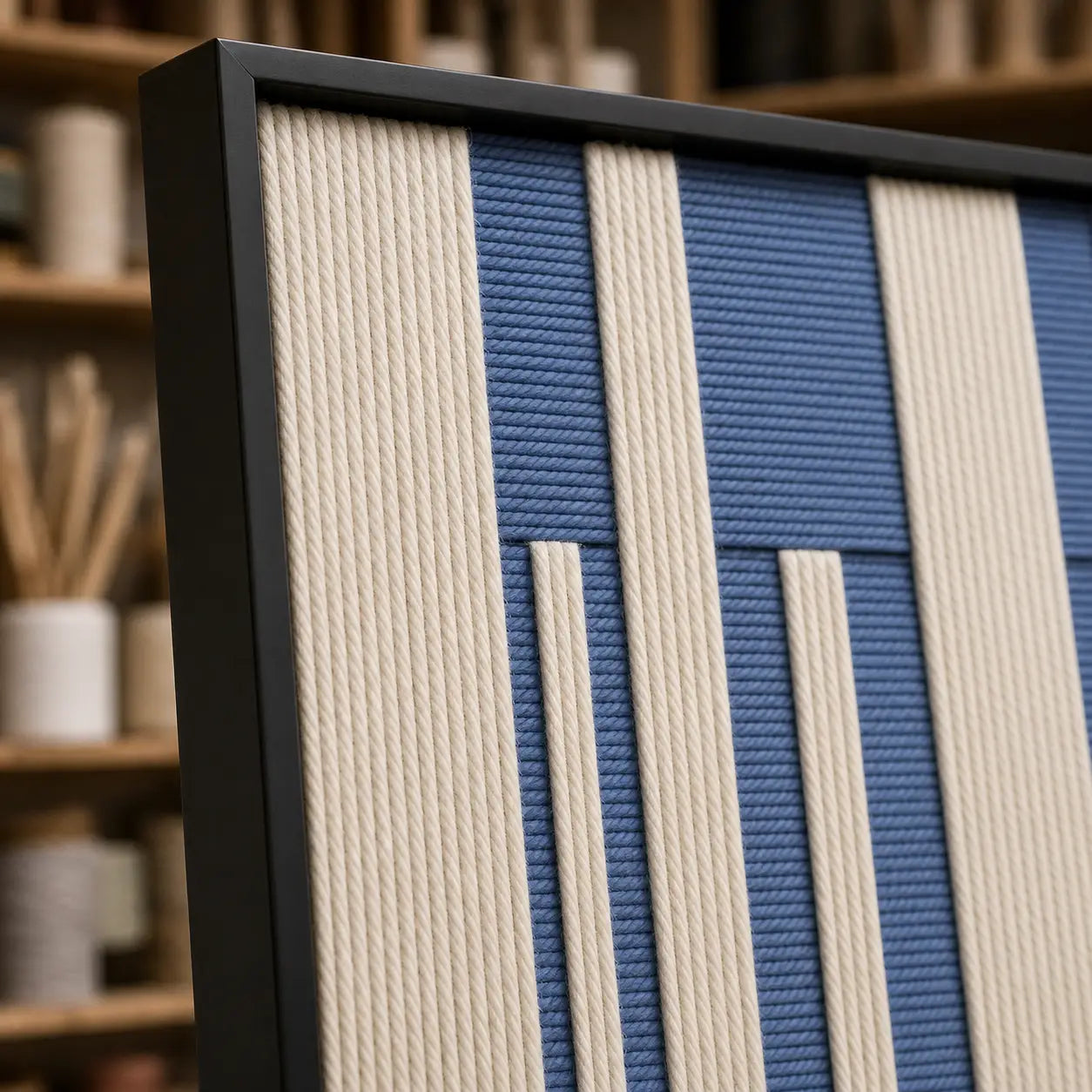 Angled close-up of the black frame and dimensional blue and white hand-woven wool tapestry texture.