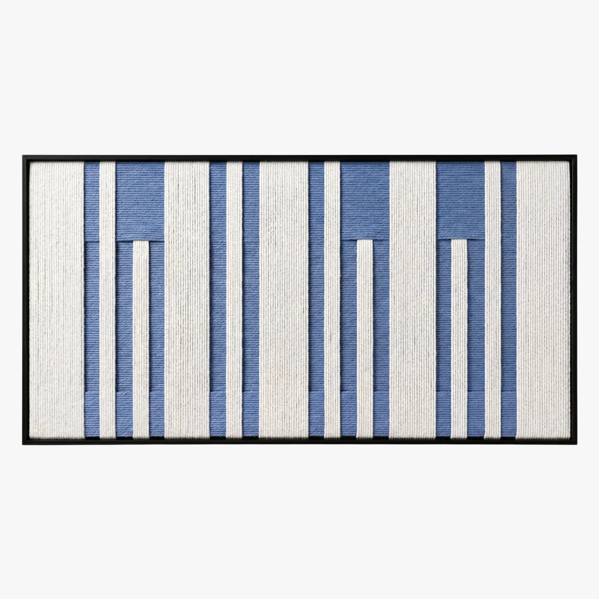 Frontal studio shot of the Blue Cadence hand-woven wool tapestry featuring vertical blue and white stripes in a black frame.