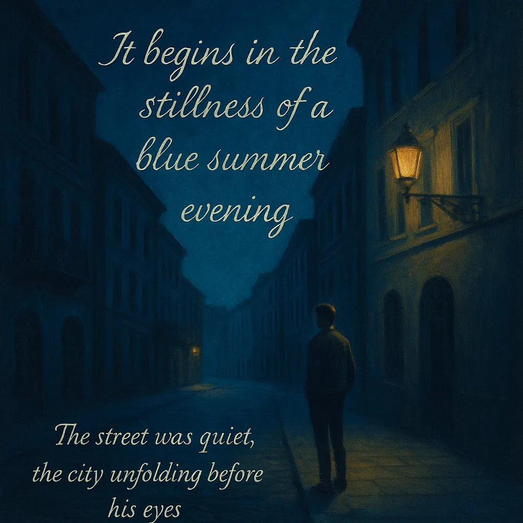 Inspiration graphic for Blue Night wall art featuring a moonlit street scene and poetic quote “It begins in the stillness of a blue summer’s evening,” illustrating the artwork’s conceptual mood
