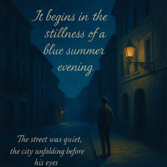 Inspiration graphic for Blue Night wall art featuring a moonlit street scene and poetic quote “It begins in the stillness of a blue summer’s evening,” illustrating the artwork’s conceptual mood
