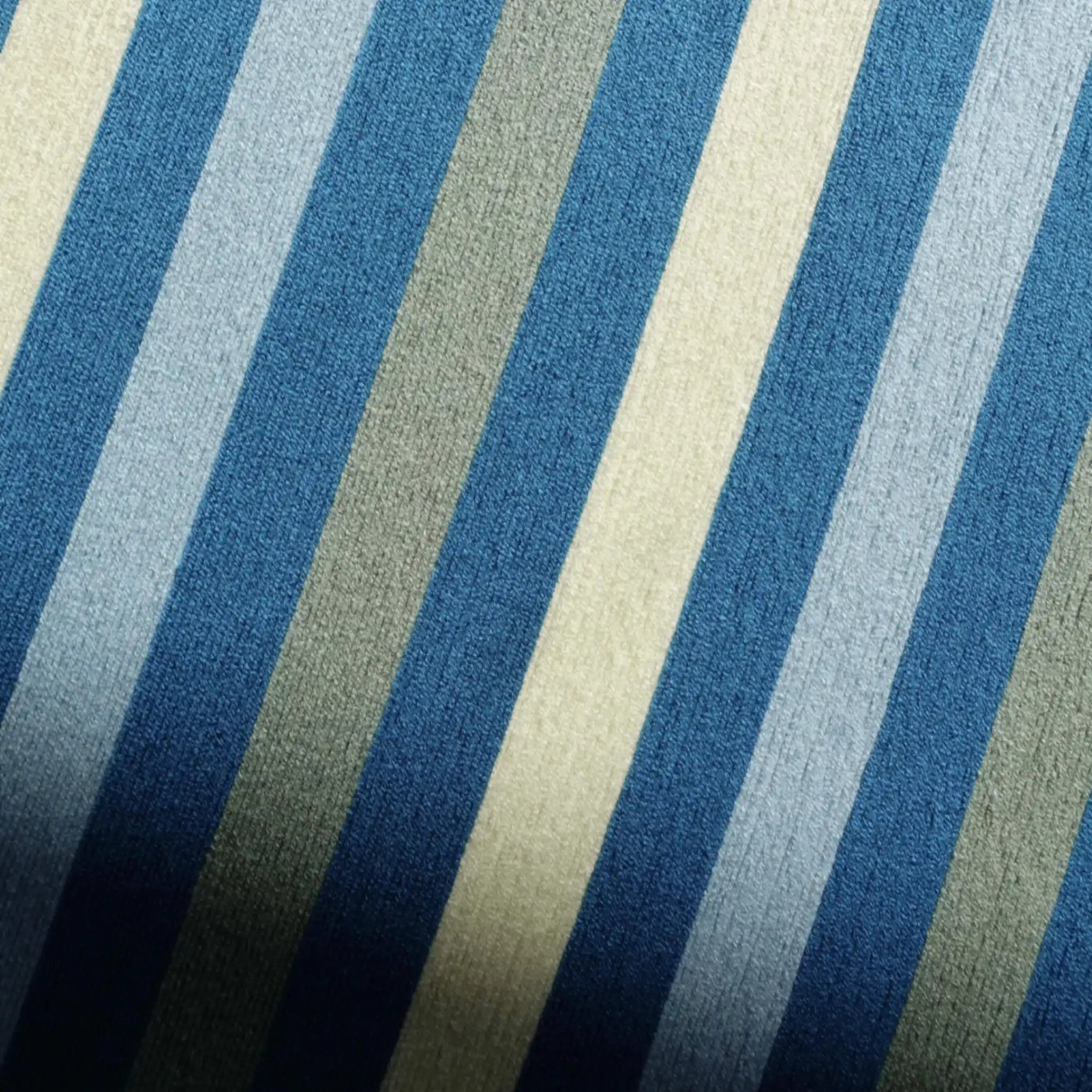 Macro detail of Blue Night hand-woven wall art showing looped wool yarn texture and distinct vertical blue stripe fibers
