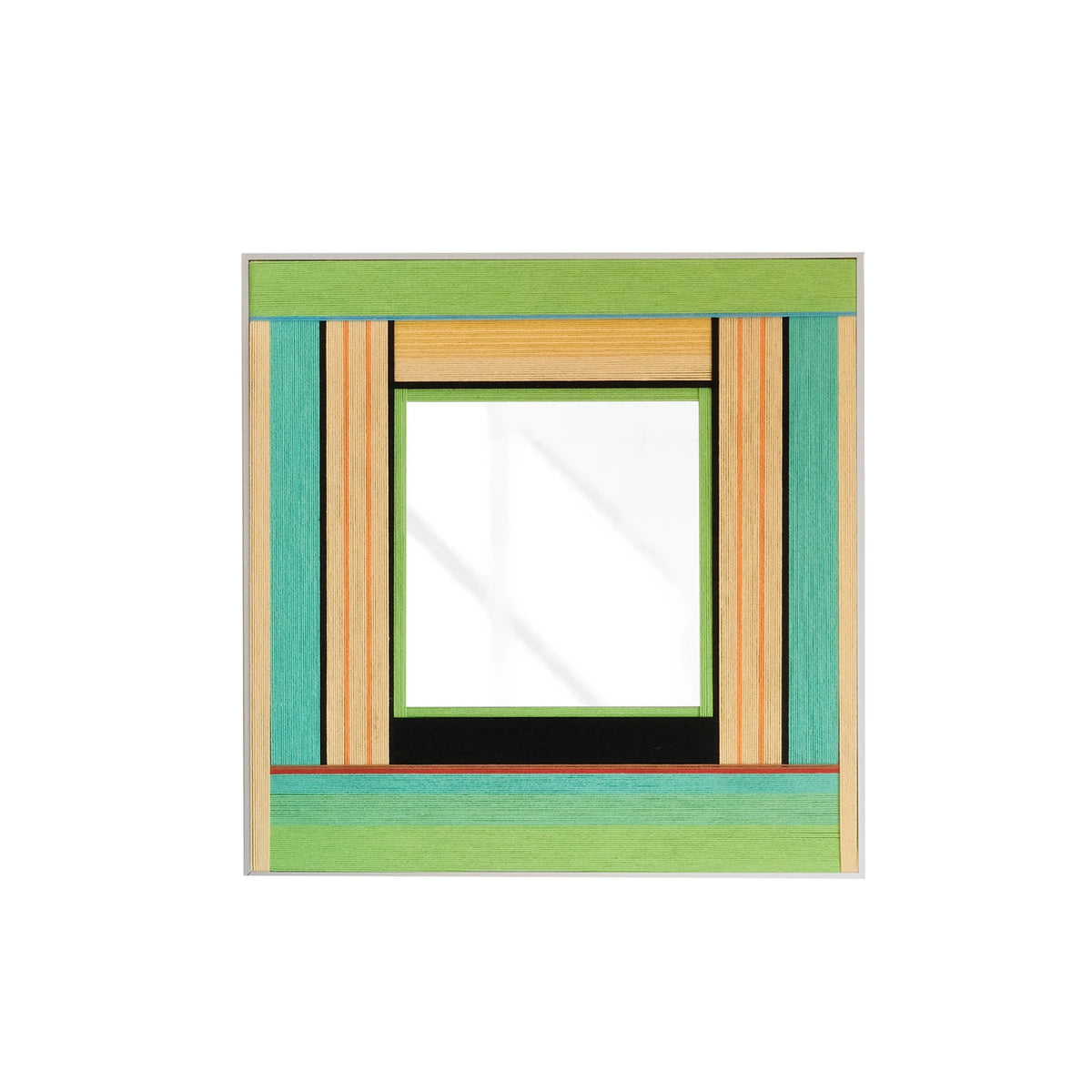 Front view of Breathing Like Fresh Grass yarn mirror art on a plain white background, showing its exact square format and clean stripe-and-mirror layout.
