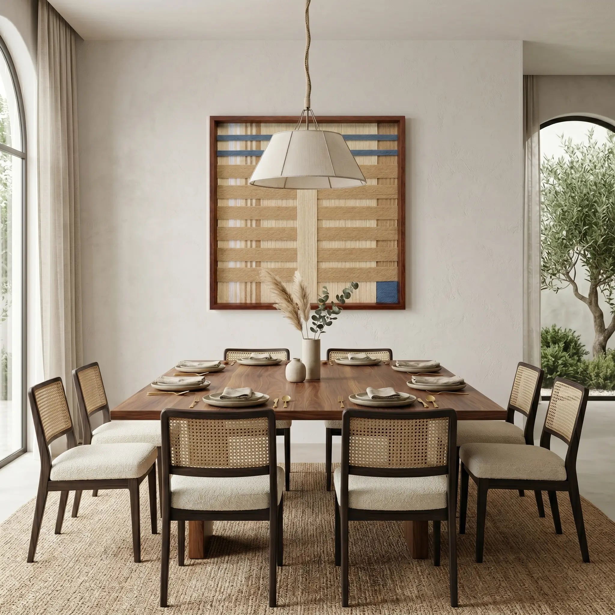 Modern beige and blue textured fiber wall art styled in a contemporary dining room above a large wooden table with cane dining chairs.